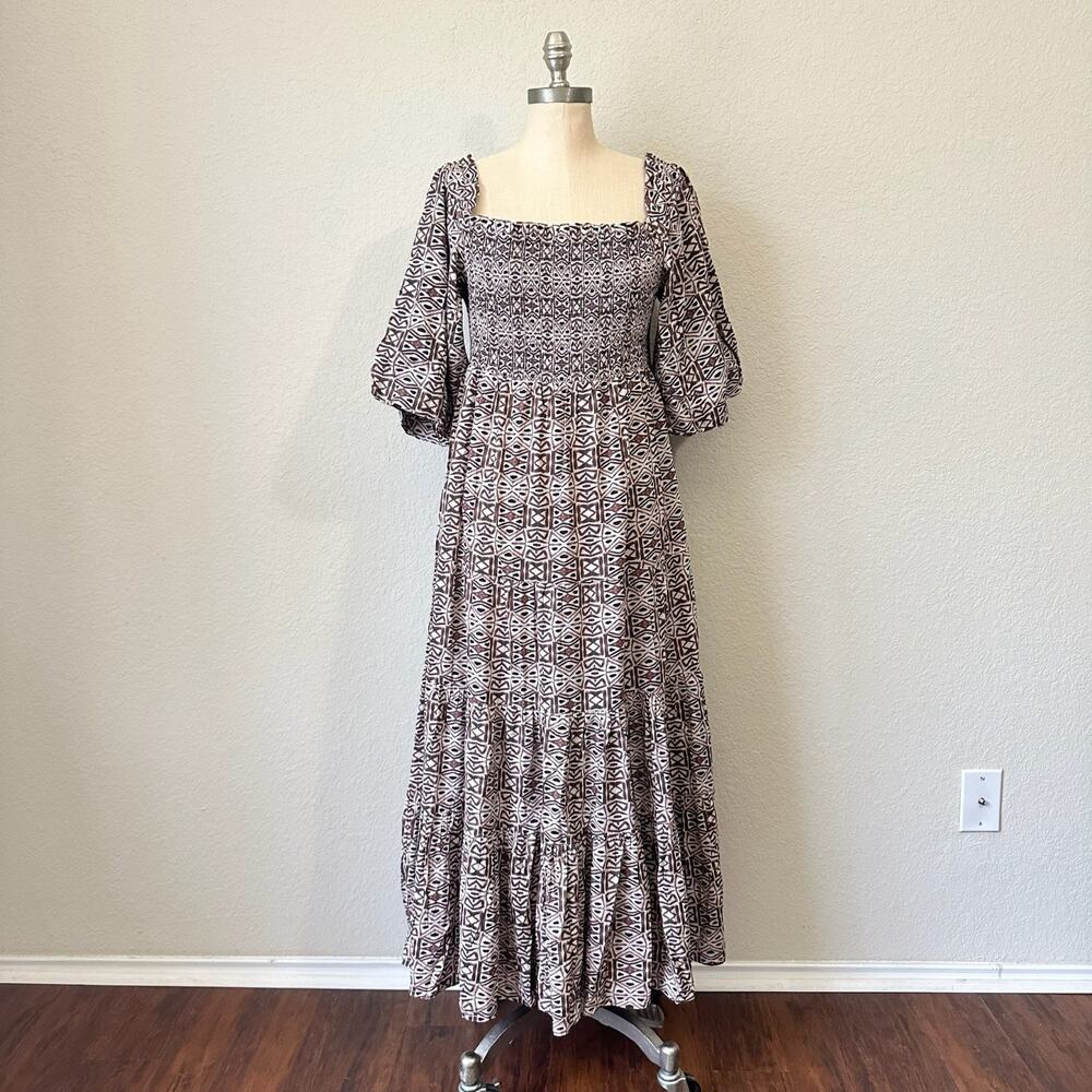 NOONDAY COLLECTION Smocked Maxi Dress Bagru Puff Sleeve Boho NWT